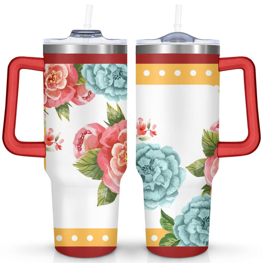 Pure Buddy - 40oz Pioneer Colorful Floral Stainless Steel Flip Straw Tumbler with Lid and Straw Spill Proof Travel Cup Double Wall Vacuum Insulated Coffee Mug with Handle Red