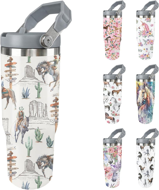 Pure Buddy - Horse Tumbler with Lid and Straw Stainless Steel Tumblers 30 Oz Insulated Horse Water Bottle Tie Dye Cup Mug with Handle Horse Gifts for Women Men Gift for Horse Lovers