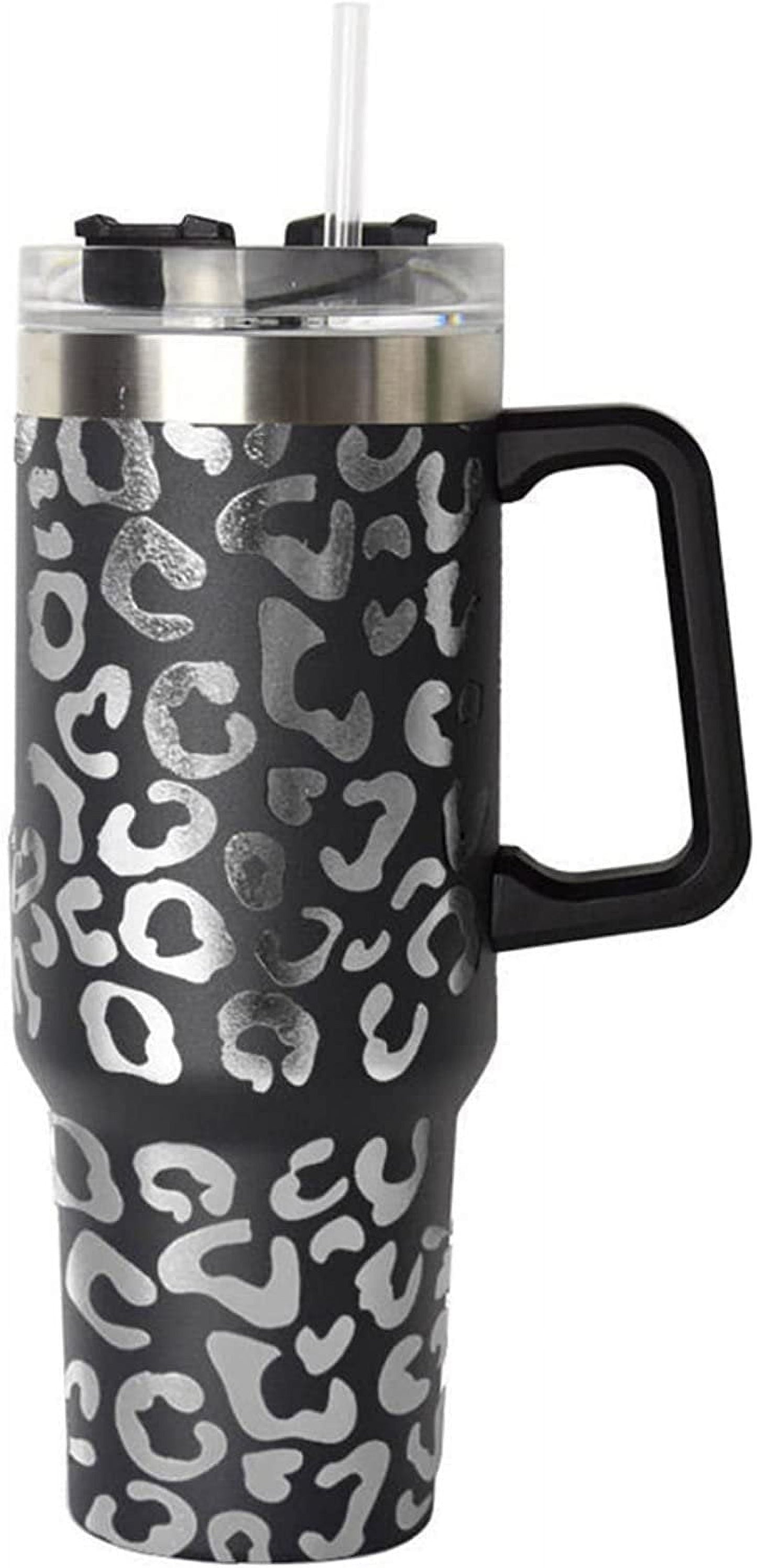 Lashicorn 40 Oz. Tumbler with Handle and Straw Black Leopard Silver 10 tall Cup lid included Insulated Stainless Steel Vacuum Travel Mug Boutique Cheetah Print