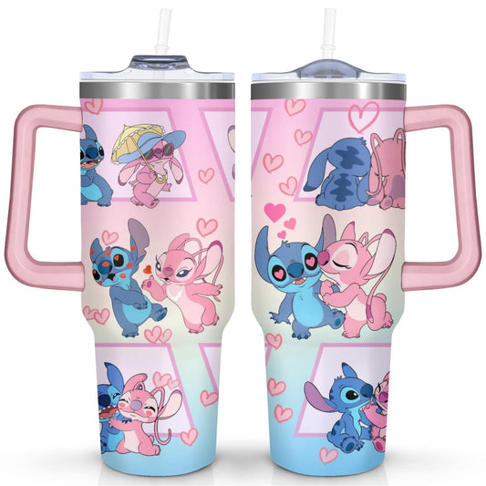 40oz Cartoon Movie Stainless Steel Tumbler with Lid and Straw,Spill Proof Cartoon Travel Cup for Cartoon Lovers Double Wall Vacuum Insulated Coffee Mug with Handle Pink