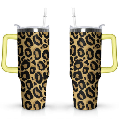 Pure Buddy - 40oz Fashion Leopard Pattern Stainless Steel Flip Straw Tumbler Spill Proof Travel Cup Double Wall Vacuum Insulated Coffee Mug with Top Handle