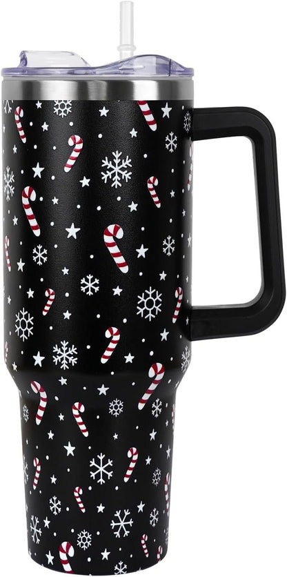 Pure Buddy - Christmas Tumbler with Handle and Straw Lid 40 oz,Cute Christmas Gifts for Women Gingerbread Candy Cane Vacuum Insulated Leak Proof Tumbler,Winter Holiday Accessories Stainless Steel Coffee Cup Mug