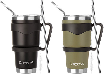Pure Buddy - Ezprogear 30 oz 2 Pack Stainless Steel Tumbler Double Wall Travel Cup Vacuum Insulated Coffee Mug with Handle & Straws (Mango & Mint)