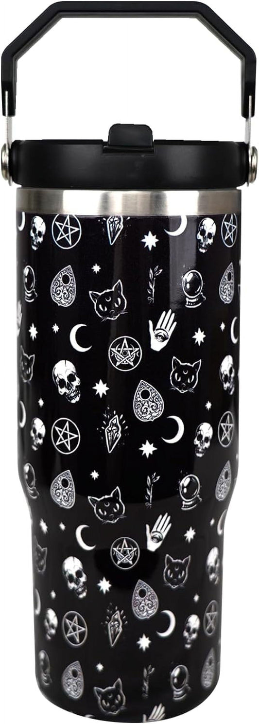 Gothic 30 oz Tumbler with Handle and Flip Straw，Stainless Steel Double Wall Insulated Travel Bottle with Top Handle Lid, Spill-Proof Tumbler with Straw and Handle for Men Women