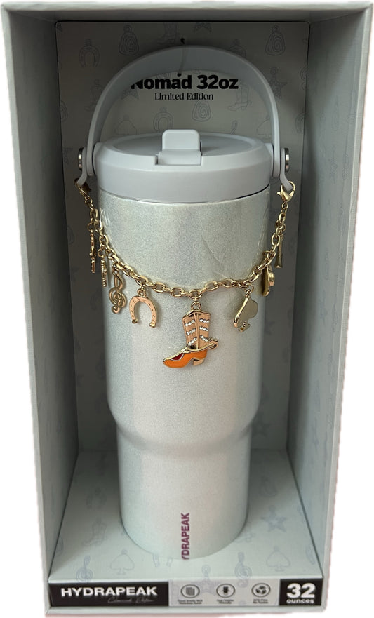 Ice White Hydrapeak 32 oz Nomad Insulated Tumbler with Handle & Straw Lid - Limited Edition Charmed Western Custom Charms, Pale Shimmery Ice White with Subtlest Blue Tint