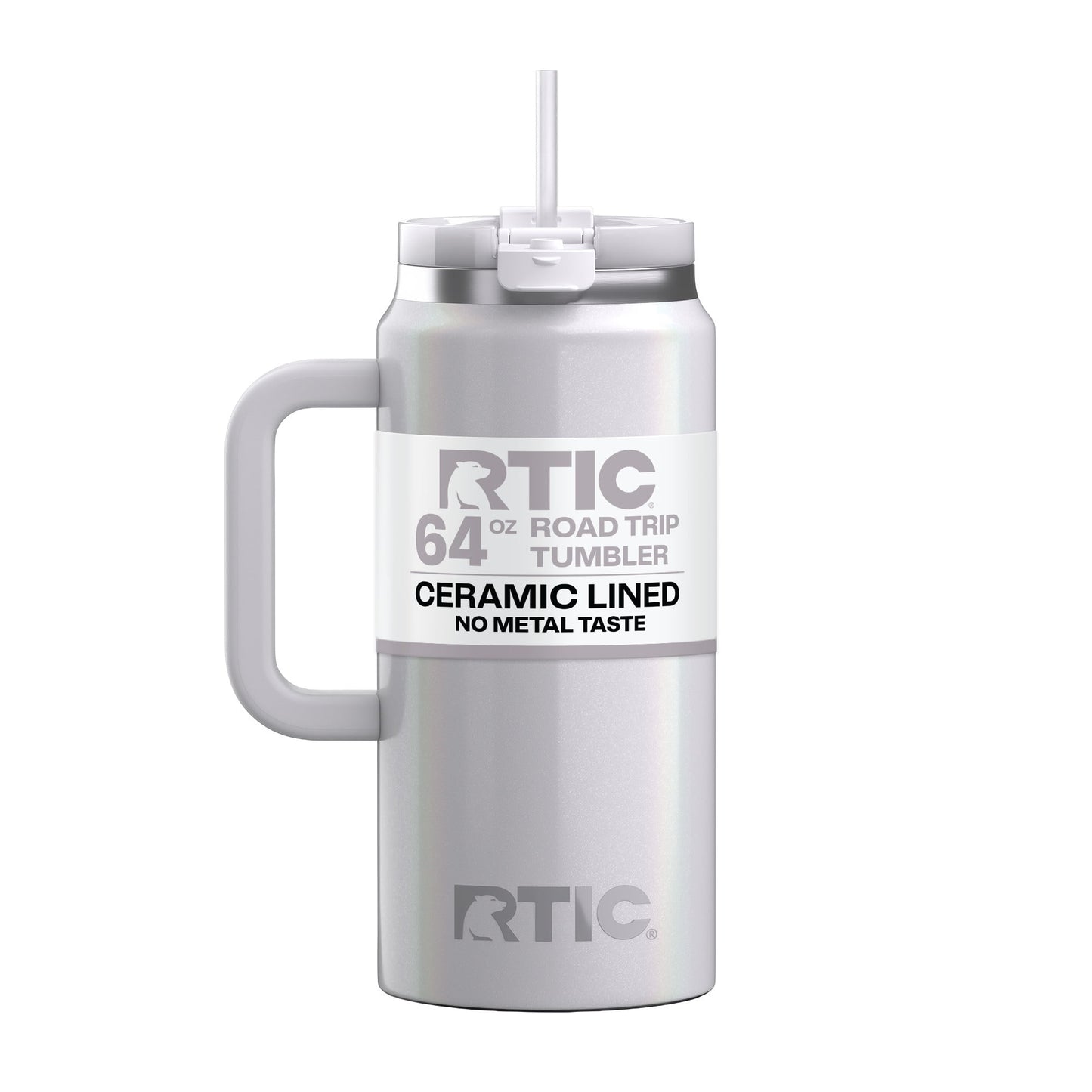RTIC 64 oz Ceramic Lined Road Trip Tumbler with Handle and Leak-Resistant Straw Lid, White Glitter
