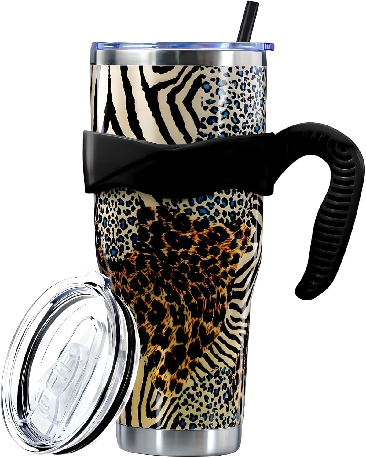Pure Buddy - Sunmdecor Pink Leopard Print Tumbler with Handle and Silicone Straws - 40 Oz Cheetah Insulated Tumbler - Leopard Cup Gift for Women